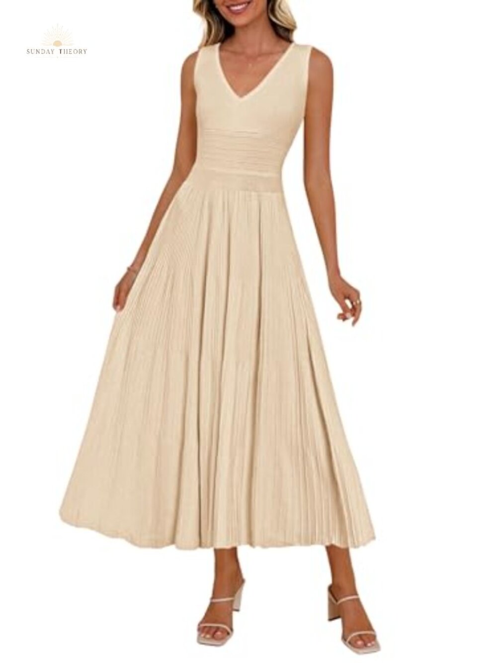 Women's V Neck Pleated Midi Dress Sleeveless A-Line Cocktail Party